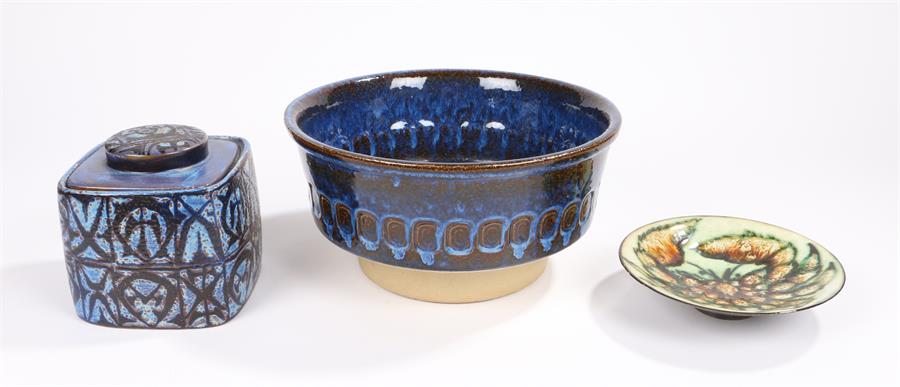 Danish studio pottery bowl by Soholm Stentoj, the blue and brown ground with impressed decoration,