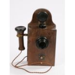 Siemens Brothers and Co Ltd oak cased wall mounted telephone, with bakelite mouth and ear piece