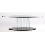 20th century glass coffee table, the clear oval glass top with black oval centre, on an X form glass