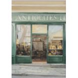 Jeremy Barlow, study of an Antiquities shop, signed watercolour, housed in a gilt frame, the