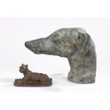 Bronze sculpture of a Greyhounds head, 22cm high, together with an iron model of a terrier, 8.5cm