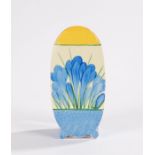 Clarice Cliff Bizarre sugar dredger, with yellow top section and blue crocus decoration to the body,