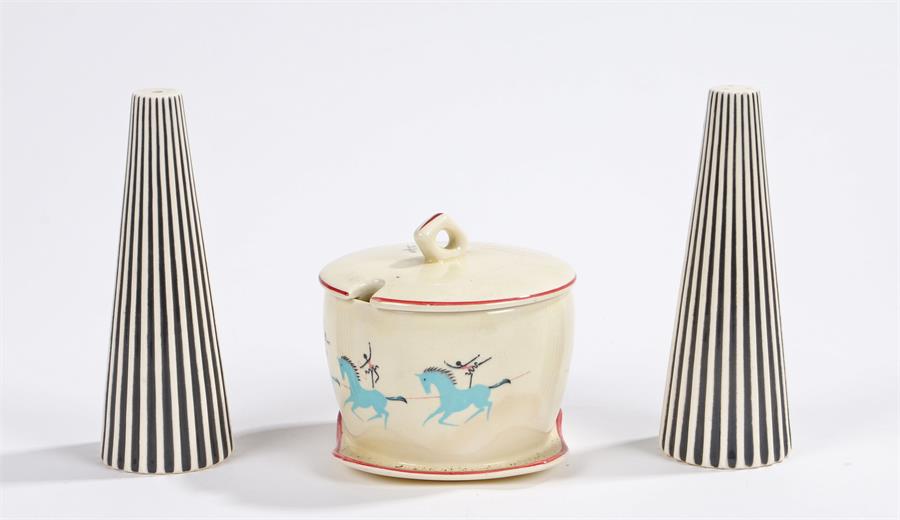 Beswick circus pattern preserve pot and cover, two black and white salt and pepper pots of