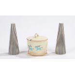 Beswick circus pattern preserve pot and cover, two black and white salt and pepper pots of