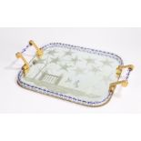 20th Century Murano glass tray, with scroll cast gilt metal handle mounts, blue and clear twisted