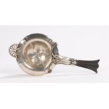 Georg Jensen danish silver tea strainer, with scroll pierced bowl, pierced shell form terminal,