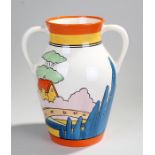 Clarice Cliff Bizarre twin handled vase of large proportions, Wedgwood Clarice Cliff Collection