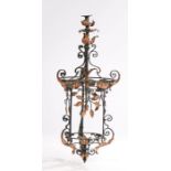 Cast iron ceiling light, the scroll decorated frame with copper leaf decoration, 90cm high