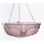 Muller Freres Luneville plaffonier, the Art Deco amethyst glass shade with metal mounts, moulded