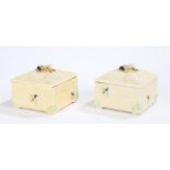 A pair of 1930's Crown Devon square honey boxes with honeycomb decoration and a bee knop, printed