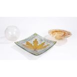Glass dish with stylised autumnal leaf decoration, 22cm square, crackle glass bowl of orb form, 11cm