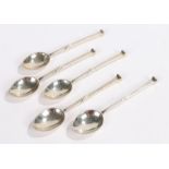 Omar Ramsden five silver teaspoons, London 1921-1923, the handles with seal tops and twisted