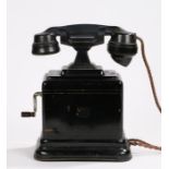 Siemens Brothers London telephone, with bakelite handset and black metal base with crank handle to
