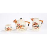 PPC Hunting themed tea set, comprising of teapot with riding cap finial fox form spout and riding