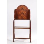 Art Nouveau mahogany child's chair, with floral marquetry inlaid back, solid seat, on arched