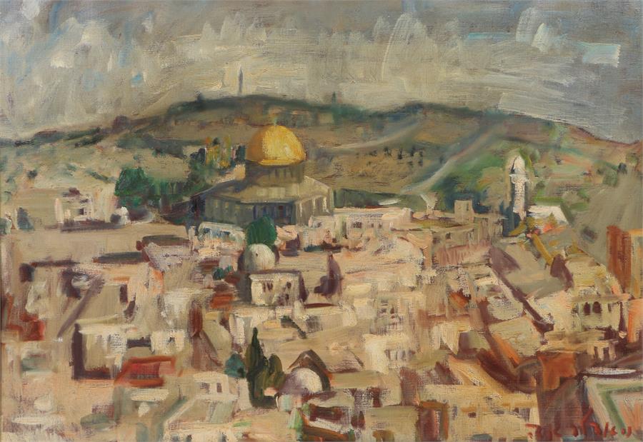 Oil on canvas, Jerusalem with hills to the rear, signed indistinctly, in a gilt and mahogany