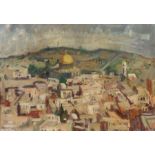 Oil on canvas, Jerusalem with hills to the rear, signed indistinctly, in a gilt and mahogany