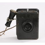 Ebonised cased wall mounted telephone, with bakelite mouth and ear piece