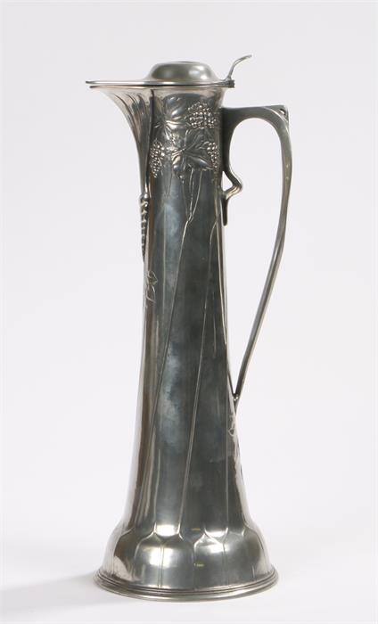 Art Nouveau pewter claret jug by Walter Scherf and Co Nuremberg, the domed cover with heart motif