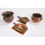 Two copper crumb scoops and brushes, one stamped JS & S, two art nouveau copper jardinieres, (4)