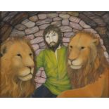 Anthea Lewis RSW (1948) Man with two lions, gouache, 25cm x 20cm