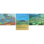 M Dangerfield, "Spanish Landscape", signed oil on canvas dated August 1972, unframed, 99cm x 75cm,