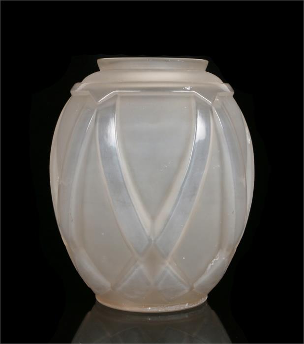 Andre Hunebelle white frosted glass vase, with raised crossed line decoration, marked to base,