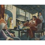 G Milne (20th Century) Bargaining in Calcutta, signed oil on canvas, 50cm x 40cm