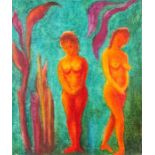 Moira Doggett (B1927), study depicting two female nudes flanked by purple leaves on a green