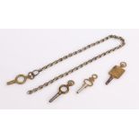 Pocket watch keys, to include a named H Samuel example, three further keys and a chain section, (5)