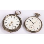 Two silver open face pocket watches, both with white enamel dials, (2)