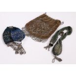 Three bead bags, to include two long examples with cut steel beads, the third in pouch form with cut