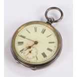 Silver open face pocket watch, the white enamel dial with Roman hours and subsidiary seconds dial,