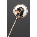 Victorian stick pin, with an enamel dog plaque head, signed to the back W Bailey, 1871, the head