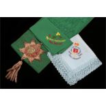 Green watered silk effect sash with embroidered military style crest with tassel, Royal Army