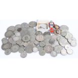 Pre 1947 coins, to include Half Crowns, Florins, Three Pence pieces, a collection of badges, etc, (