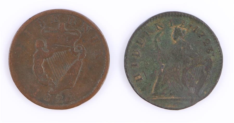 George I Hibernia Halfpenny, 1723, together with a George IV Hibernia 1822 Halfpenny, (2)