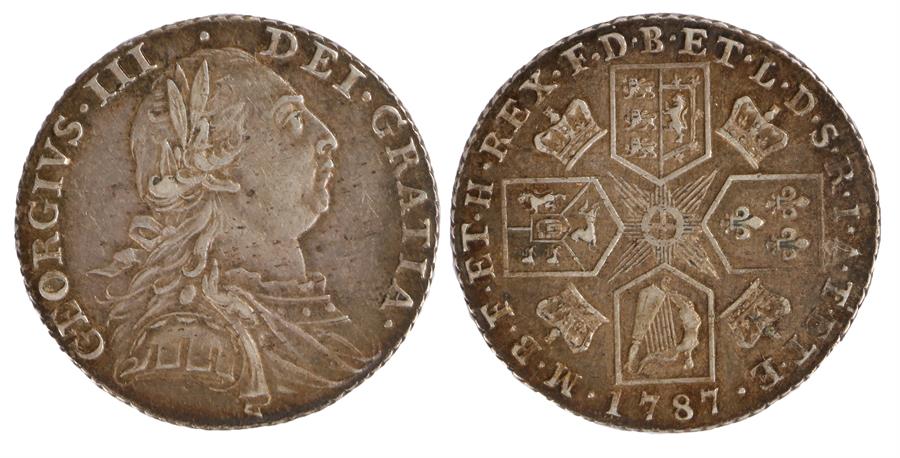 George III Shilling, 1787, draped and cuirassed bust facing right