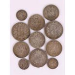 Victoria silver coins, from Half Crown to Sixpence, also together with a George III Sixpence and a