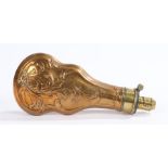 Copper and brass powder flask by G & J.W. Hawksley Sheffield, the body with embossed acanthus leaf