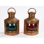 Pair of copper ships type lamps, Port and Starboard, 33cm high, (2)