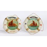 Pair early 20th Century oils of Lowestoft boats framed in lifebelts, Boy Bert, LT.950, 20cm wide, (