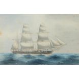 William Mackensie Tompson (1870-1892), study of a three masted sailing vessel, signed watercolour,