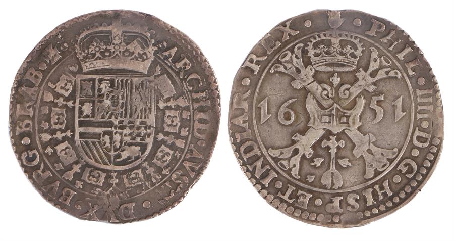 Philip IV One Ducaton, Spanish Netherlands, 1651 below crown, Shield with a crown above