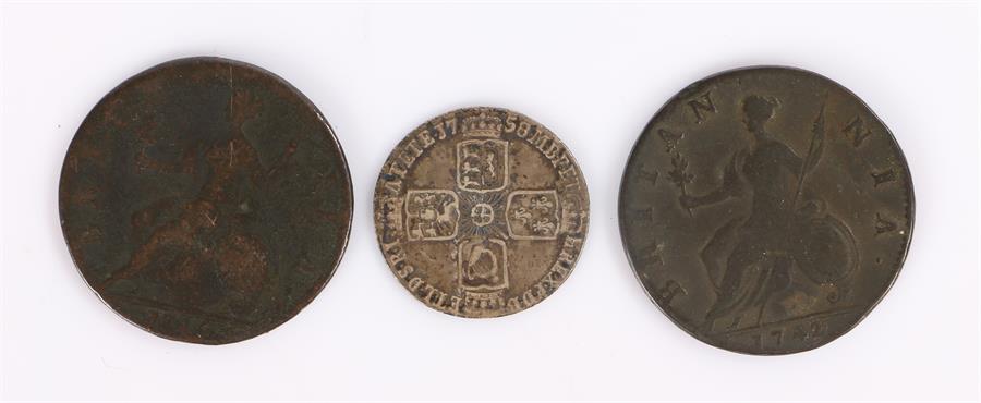 George II coins, to include a 1758 Sixpence, together with a 1742 and 1745 Halfpenny, (3)