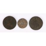 George II coins, to include a 1758 Sixpence, together with a 1742 and 1745 Halfpenny, (3)