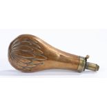 Copper and brass powder flask by G & J.W. Hawksley, the body with raised stylised leaf decoration,