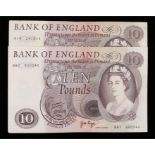 Bank of England £10 Banknote, J B Page, deep brown, B67 800540, together with another £10 J Q Hollom