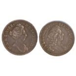 William and Mary Farthing pattern, undated in silver, obverse Mary, legend MARIA II DEI GRA, reverse