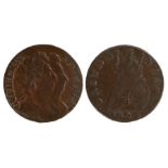 William and Mary copper Farthing, 1694, no stop after Maria. A's reverse V's, seated Britannia